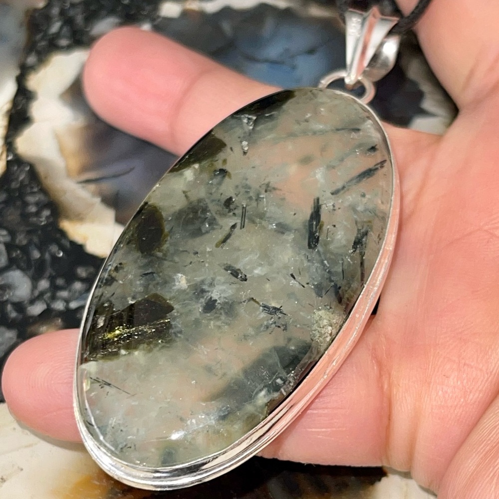 Large Yellow Green Needle Like Moss Prehnite Pendant 3”